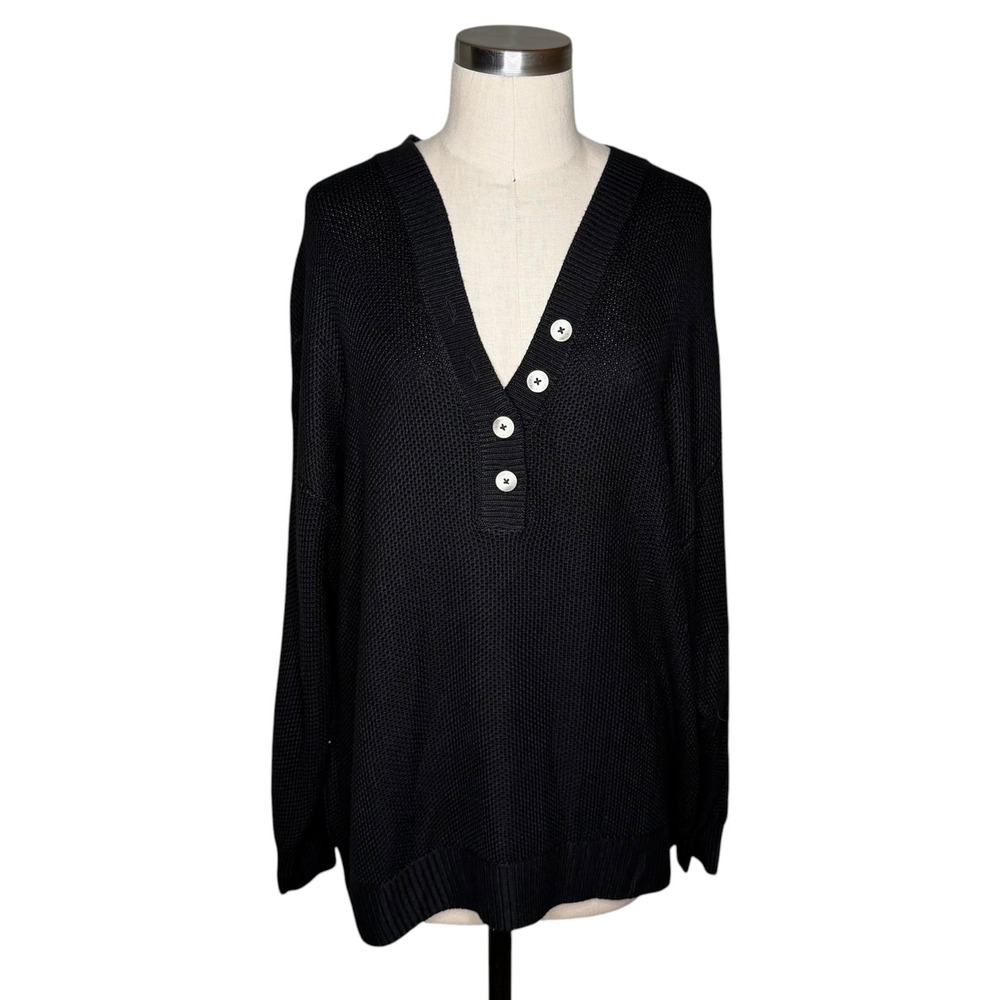 PINK Victoria's Secret Sweater Black‎ Henley V-Neck Oversized Women's Large NEW